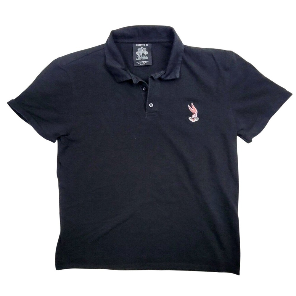 Forever 21 x Space Jam Mens Polo Shirt Black Bugs Bunny Embroidered Size Large